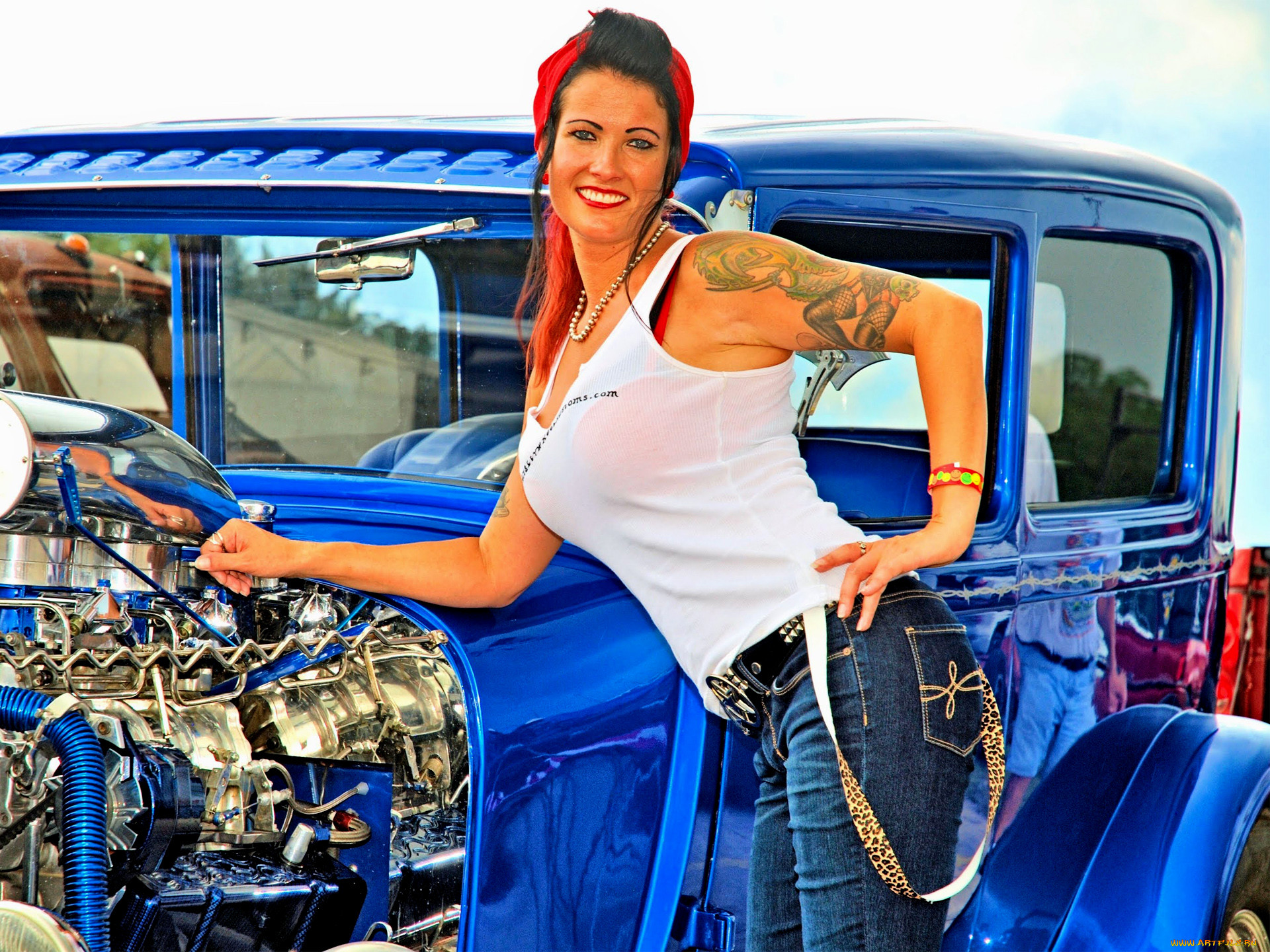 ,   , pin-up, woman, blue, hotrod